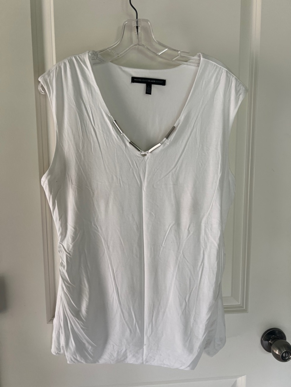 White House Black Market White V-Neck Tank with Silver Accent